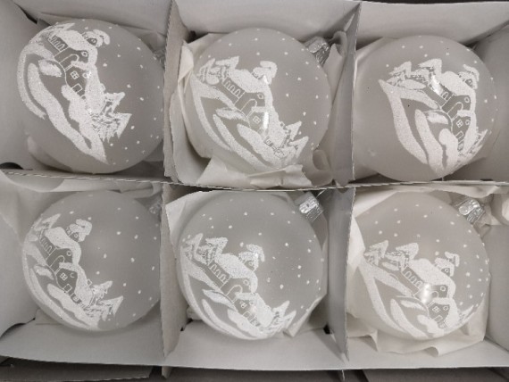 KOULE, SKLENĚNÁ VÁNOČNÍ OZDOBA, PRŮHLEDNÁ, BÍLÁ, KRAJINKA S OKÉNKEM