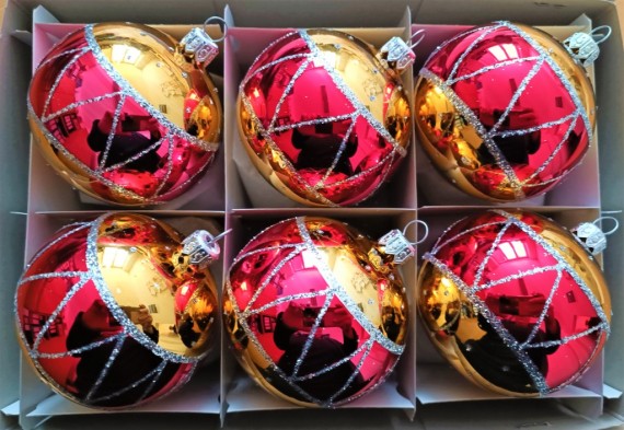 KOULE, skleněná, hladká, zlatá, lesk, červený dekor