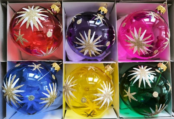 KOULE, SKLENĚNÁ, PRŮHLEDNÁ, BARVA ASS, MALOVANÝ ZLATÝ DEKOR