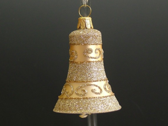 ZVONEK, SKLENĚNÁ VÁNOČNÍ OZDOBA, ZLATÝ, RETRO DEKOR