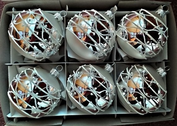 KOULE, skleněná, hladká, stříbrná, lesk, bílý dekor