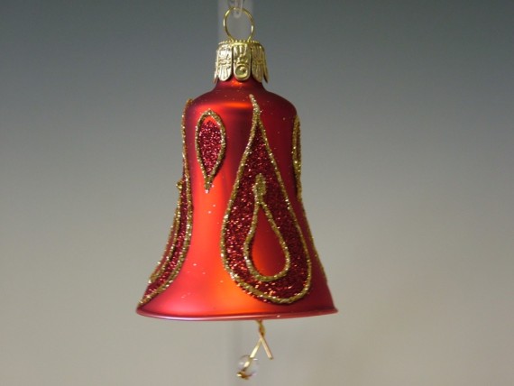 ZVONEK, SKLENĚNÁ VÁNOČNÍ OZDOBA, ČERVENÝ, ZLATÝ DEKOR