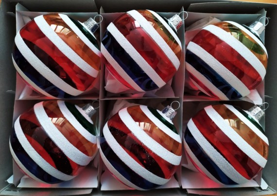 KOULE, SKLENĚNÁ VÁNOČNÍ OZDOBA, ČIRÁ, BAREVNÝ RETRO DEKOR