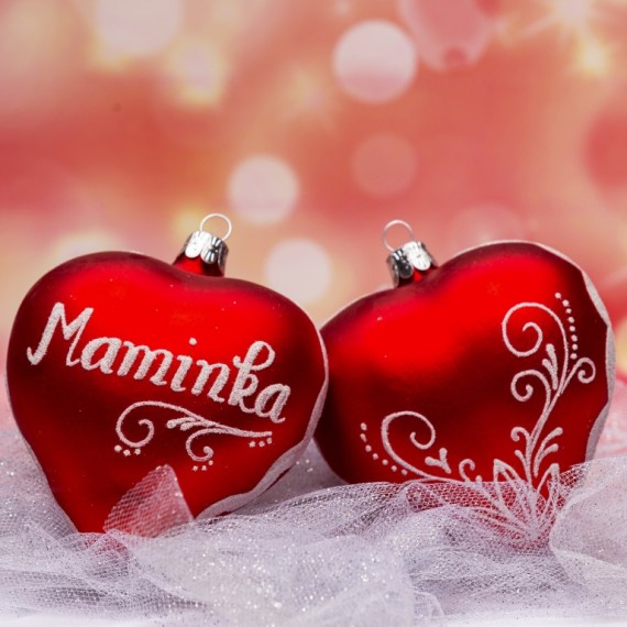 SRDCE VELKÉ, SKLENĚNÉ, ČERVENÉ, MAT, DEKOR, BÍLÝ POSYP