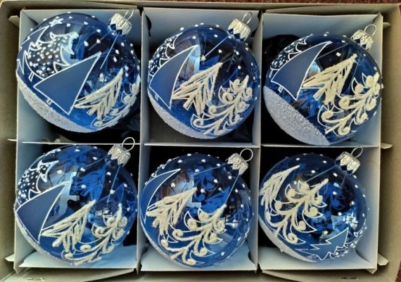 KOULE, SKLENĚNÁ VÁNOČNÍ OZDOBA, PRŮHLEDNÁ, MODRÁ, MOTIV STROMŮ