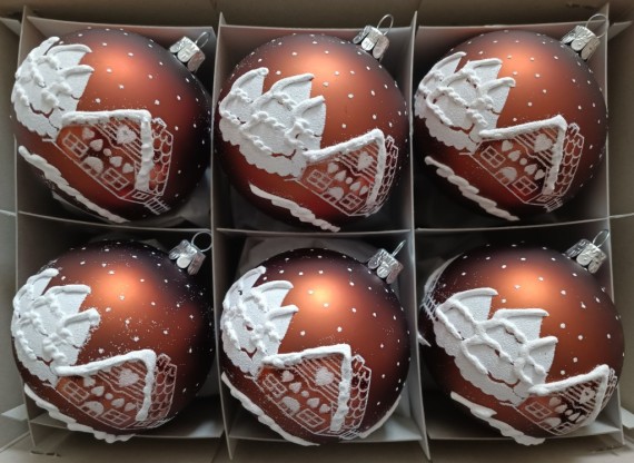 KOULE, SKLENĚNÁ, HLADKÁ, HNĚDÝ MAT, BÍLÝ DEKOR