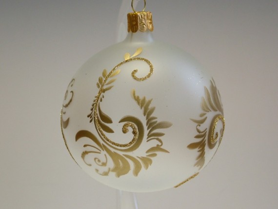 KOULE, SKLENĚNÁ VÁNOČNÍ OZDOBA, PRŮHLEDNÁ, BÍLÁ, ZLATÝ DEKOR