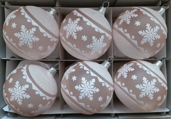 KOULE, SKLENĚNÁ VÁNOČNÍ OZDOBA, PRŮHLEDNÁ, RŮŽOVÁ, MOTIV VLOČKY