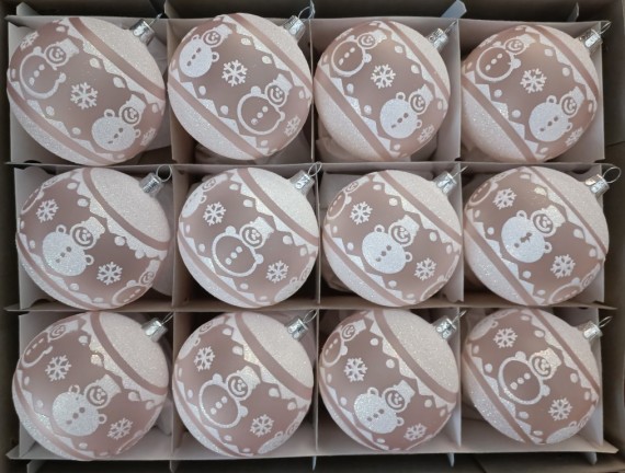 KOULE, SKLENĚNÁ VÁNOČNÍ OZDOBA, PRŮHLEDNÁ, RŮŽOVÁ, MOTIV SNĚHULÁKA