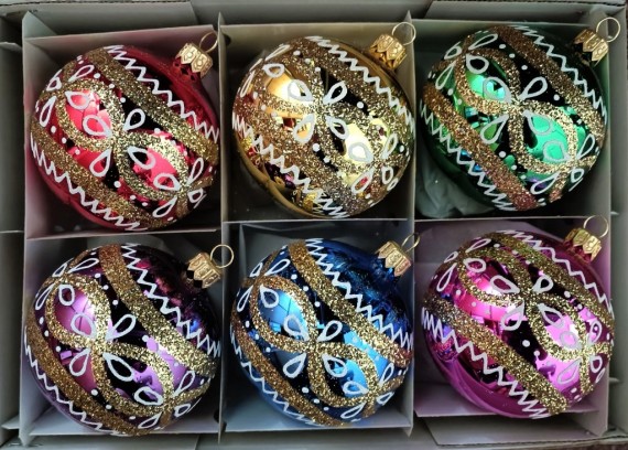 KOULE, SKLENĚNÁ VÁNOČNÍ OZDOBA, BAREVNÁ, LESK, ZLATÝ RETRO DEKOR