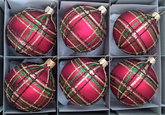 KOULE, skleněná, červený mat, dekor káro