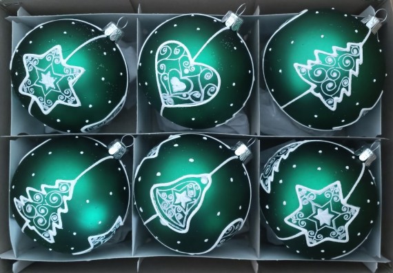 KOULE, SKLENĚNÁ VÁNOČNÍ OZDOBA, TM. ZELENÁ, MAT, BÍLÝ DEKOR