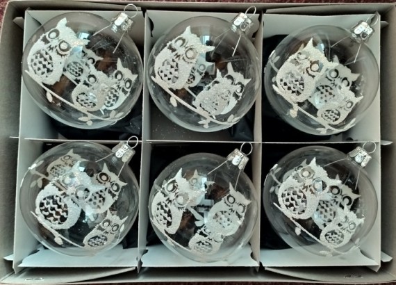 KOULE, SKLENĚNÁ VÁNOČNÍ OZDOBA, ČIRÁ, MOTIV SOVY