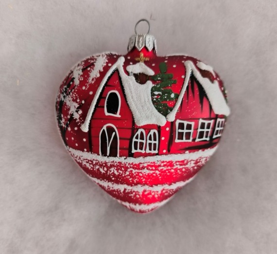 SRDCE VELKÉ, skleněné, červený mat, zimní motiv