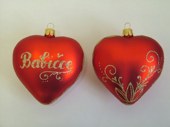 SRDCE VELKÉ, SKLENĚNÉ, ČERVENÉ, MAT, DEKOR, ZLATÝ POSYP