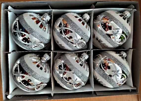 KOULE, SKLENĚNÁ, HLADKÁ, STŘÍBRNÁ, LESK, BÍLÝ DEKOR