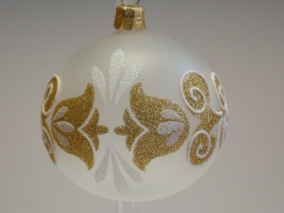 KOULE, SKLENĚNÁ VÁNOČNÍ OZDOBA, PRŮHLEDNÁ, BÍLÁ, ZLATÝ DEKOR
