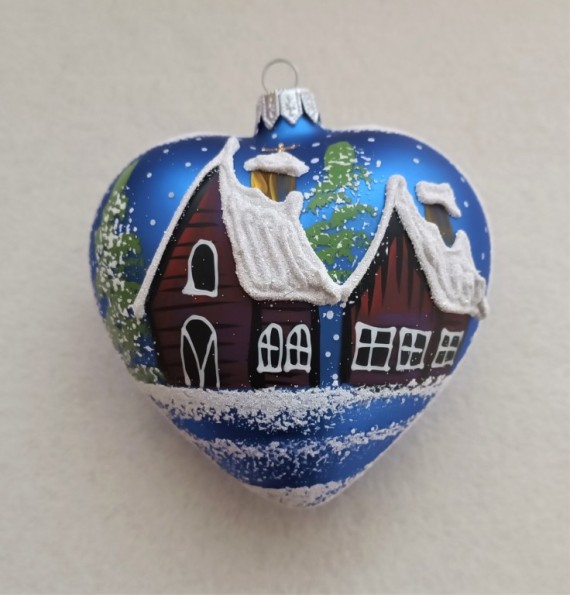 SRDCE VELKÉ, SKLENĚNÁ VÁNOČNÍ OZDOBA, MODRÉ, MAT, ZIMNÍ MOTIV