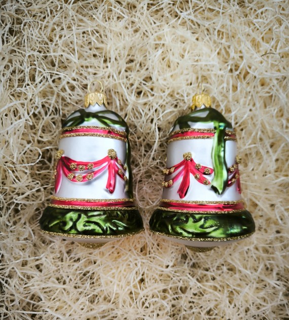 ZVON S RELIÉFEM, SKLENĚNÁ VÁNOČNÍ OZDOBA, ČERVENÁ MAŠLE, BAREVNÝ DEKOR