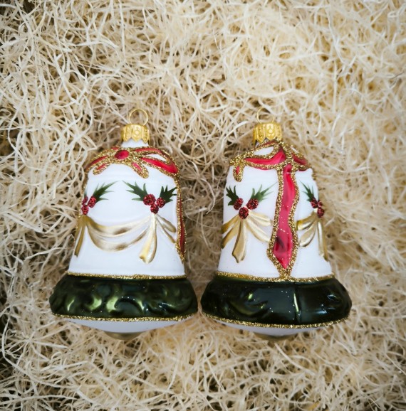 ZVON S RELIÉFEM, SKLENĚNÁ VÁNOČNÍ OZDOBA, ZLATÁ MAŠLE, BAREVNÝ DEKOR