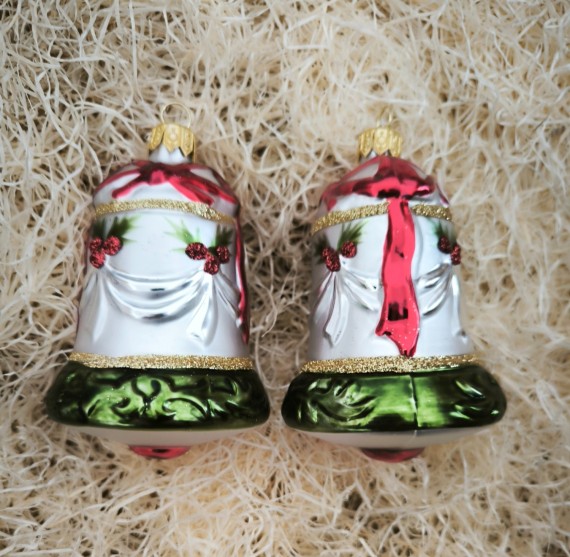 ZVON S RELIÉFEM, SKLENĚNÁ VÁNOČNÍ OZDOBA, LAKOVANÁ MAŠLE, BAREVNÝ DEKOR