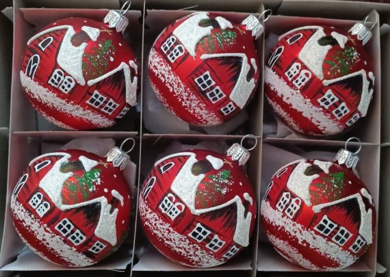 KOULE, SKLENĚNÁ VÁNOČNÍ OZDOBA, ČERVENÁ, MAT, ZIMNÍ DEKOR S DOMKY