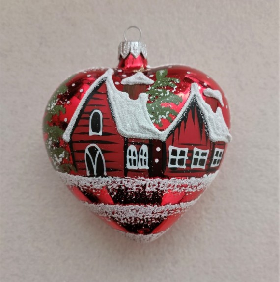 SRDCE VELKÉ, SKLENĚNÁ VÁNOČNÍ OZDOBA, ČERVENÉ, LESK, ZIMNÍ MOTIV