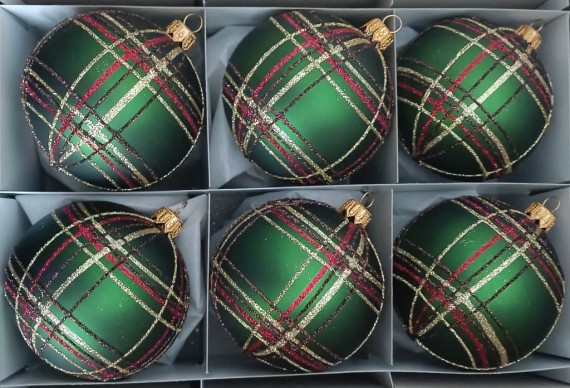 KOULE, skleněná, tm. zelený mat, dekor červené káro