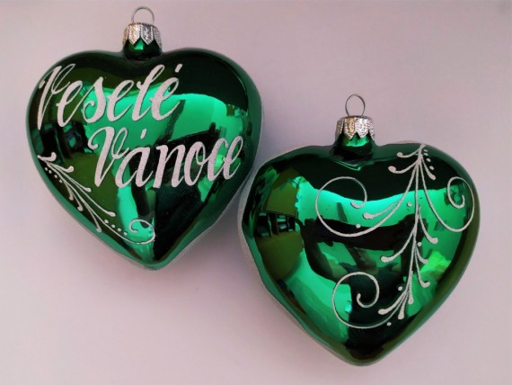 SRDCE VELKÉ TMAVĚ ZELENÉ LESK, SKLENĚNÁ OZDOBA, BÍLÝ DEKOR