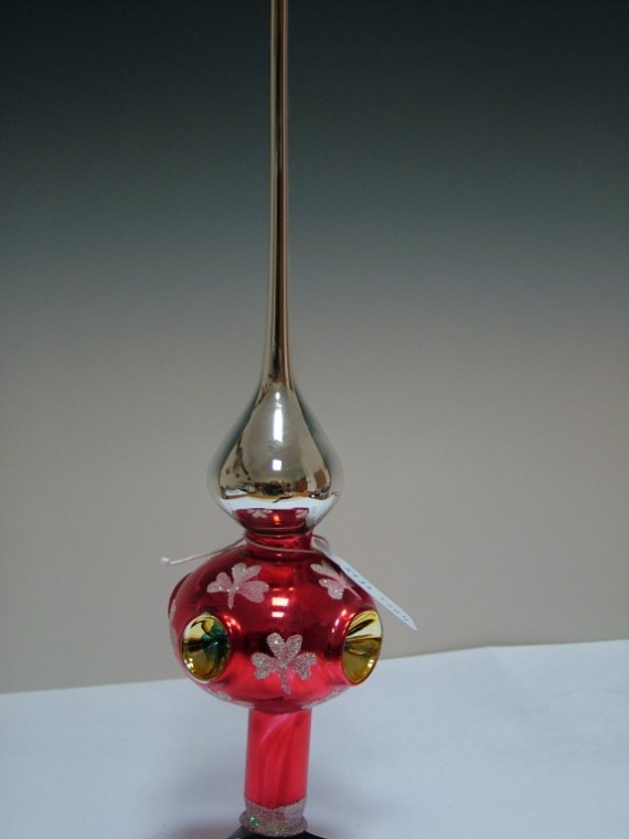 ŠPICE 1-KULOVÁ, 4x PÍCHANÉ REFLEKTORY, STŘÍBRNÁ, LESK, ČERVENÝ DEKOR S TROJLÍSTKY