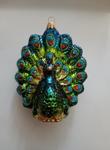 PÁV, SKLENĚNÝ, FORMA, BAREVNÝ DEKOR VČETNĚ ŠATONŮ