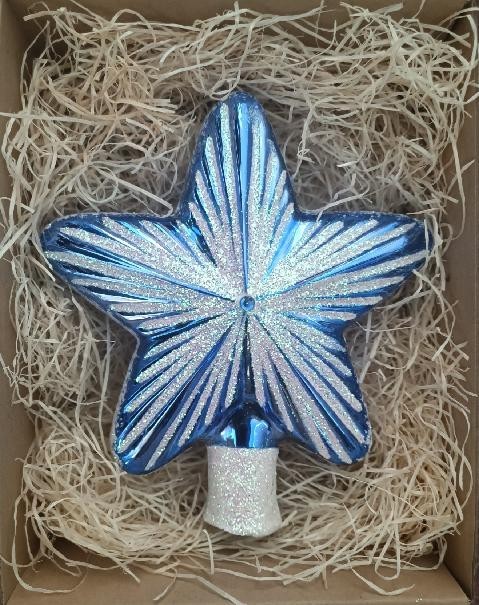 ŠPICE HVĚZDA, SKLENĚNÁ, FORMA, MODRÁ, LESK, BÍLÝ DEKOR, ŠATON