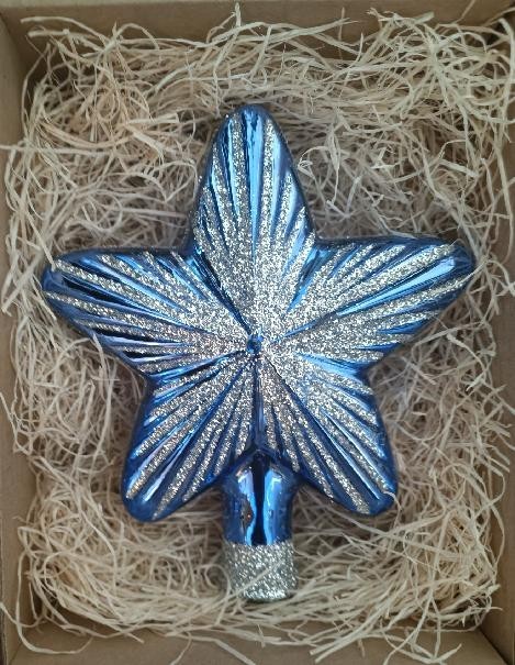 ŠPICE HVĚZDA, SKLENĚNÁ, FORMA, MODRÁ, LESK, STŘÍBRNÝ DEKOR, ŠATON