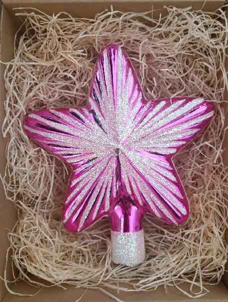 ŠPICE HVĚZDA, SKLENĚNÁ, FORMA, RŮŽOVÁ, LESK, BÍLÝ DEKOR, ŠATON