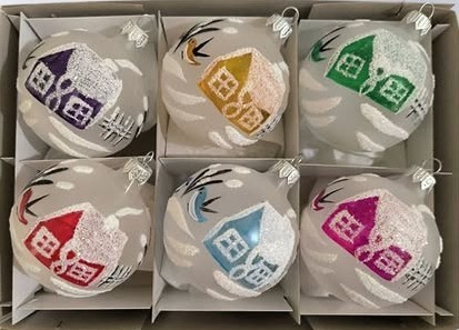 KOULE, PRŮHLEDNÁ BÍLÁ, SKLENĚNÁ, BAREVNÝ RETRO DEKOR