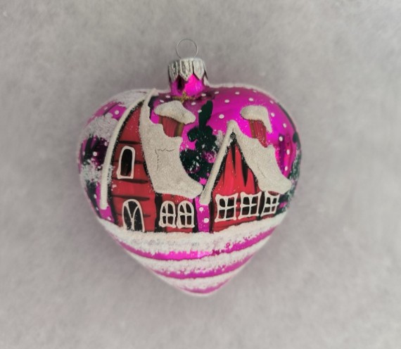 SRDCE VELKÉ, skleněné, růžové, lesk, zimní motiv