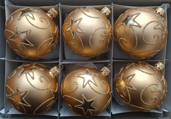 KOULE, SKLENĚNÁ, HLADKÁ, ZLATÁ, MAT, ZLATÝ DEKOR HVĚZD