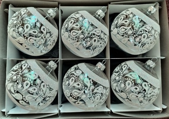 KOULE, SKLENĚNÁ VÁNOČNÍ OZDOBA, ČIRÁ, MOTIV KRAJKY