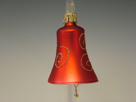 ZVONEK, SKLENĚNÁ VÁNOČNÍ OZDOBA, ČERVENÝ, ZLATÝ DEKOR