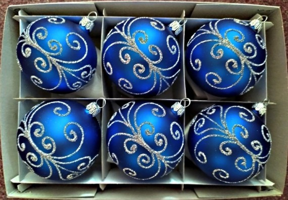 KOULE, SKLENĚNÁ, HLADKÁ, TM. MODRÁ, MAT, STŘÍBRNÝ DEKOR