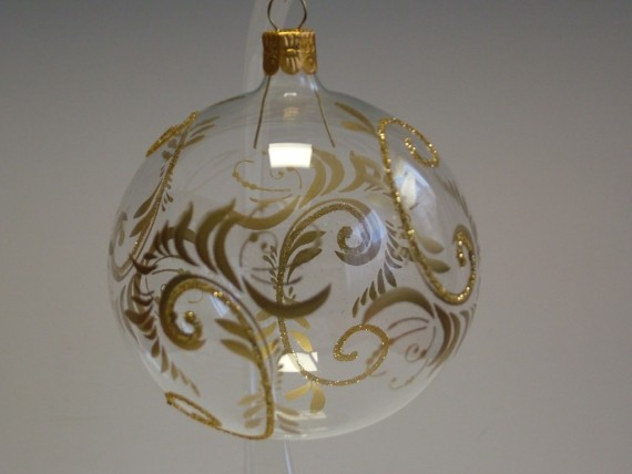 KOULE, SKLENĚNÁ VÁNOČNÍ OZDOBA, ČIRÁ, ZLATÝ DEKOR