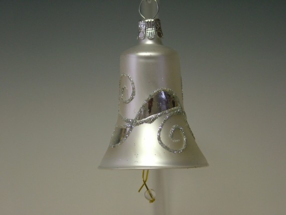 ZVONEK, SKLENĚNÁ VÁNOČNÍ OZDOBA, BÍLÝ, PLAST. DEKOR