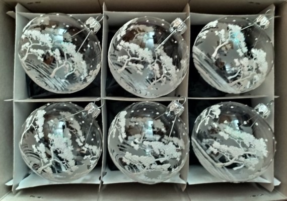 KOULE, SKLENĚNÁ VÁNOČNÍ OZDOBA, ČIRÁ, MOTIV STROMŮ