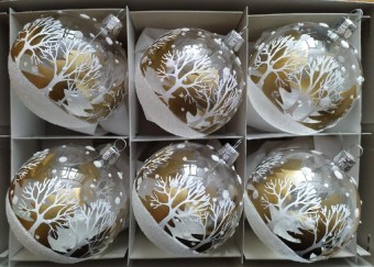 KOULE, SKLENĚNÁ VÁNOČNÍ OZDOBA, ČIRÁ, MOTIV STROMŮ