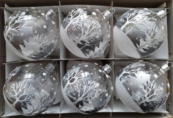 KOULE, SKLENĚNÁ VÁNOČNÍ OZDOBA, ČIRÁ, MOTIV STROMŮ