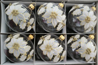 KOULE, SKLENĚNÁ, ČIRÁ, BÍLO-ZLATÝ KVĚT