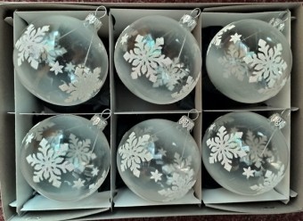 KOULE, SKLENĚNÁ VÁNOČNÍ OZDOBA, ČIRÁ, MOTIV VLOČKY