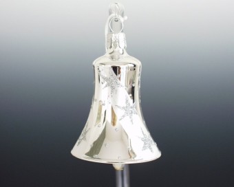 ZVONEK, SKLENĚNÁ VÁNOČNÍ OZDOBA, STŘÍBRNÝ, DEKOR HVĚZD