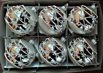 KOULE, skleněná, hladká, stříbrná, lesk, bílý dekor