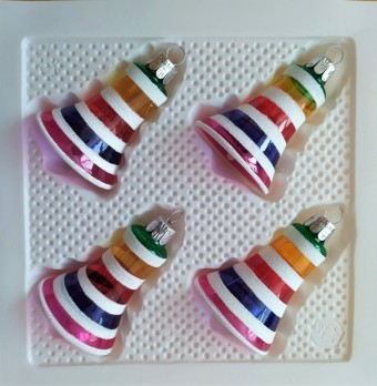 ZVONEK, SKLENĚNÁ VÁNOČNÍ OZDOBA, PRŮHLEDNÝ, BAREVNÝ RETRO DEKOR